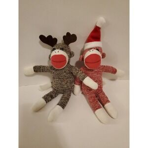 2 Galerie Christmas 10"‎ Knit Sock Monkeys Stuffed Santa Hat & Reindeer New